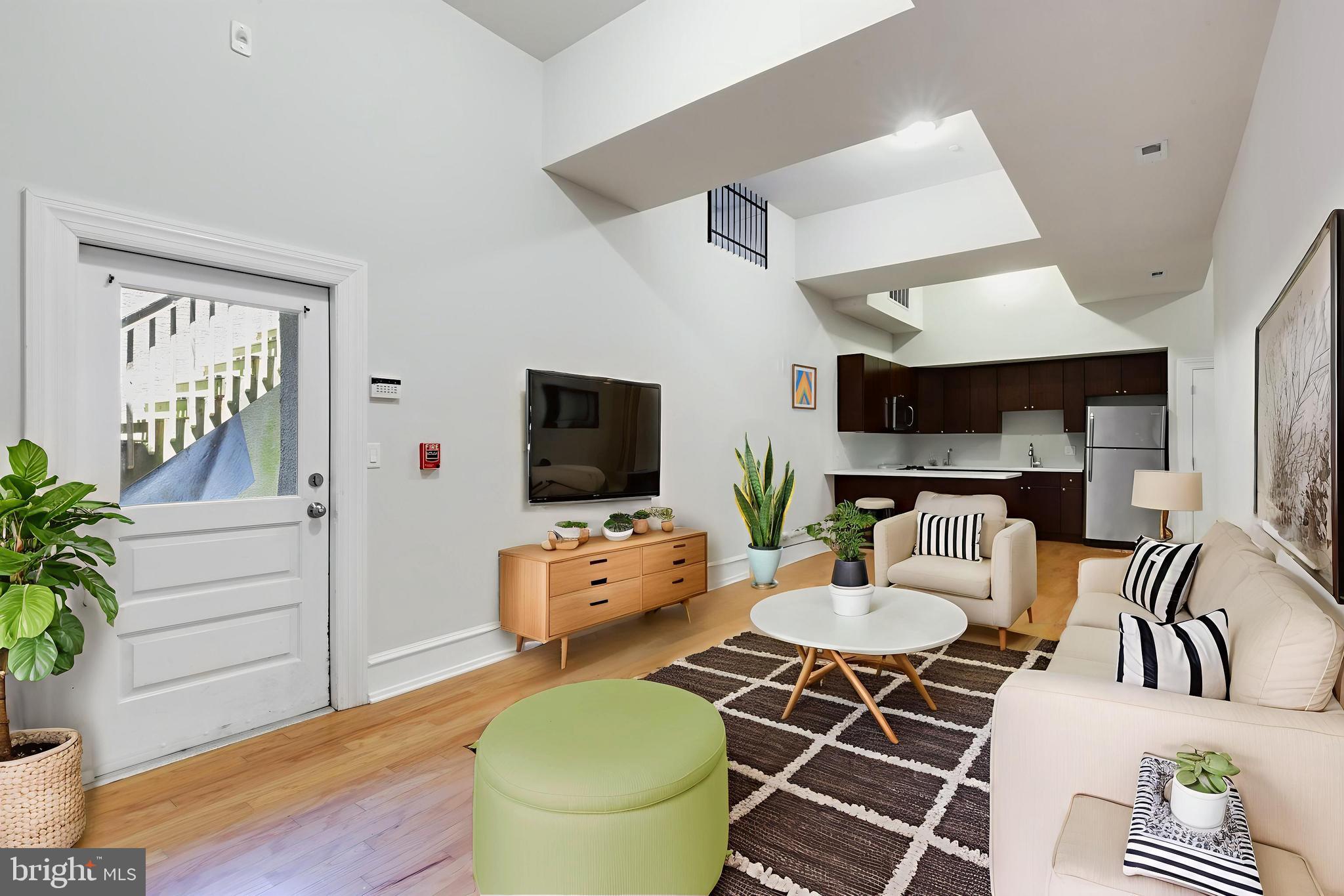 a living room with furniture a flat screen tv and a potted plant