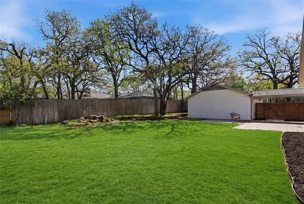 a view of backyard with wooden fence and a large tree
