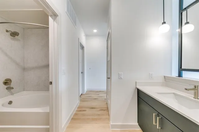 a bathroom with a tub sink vanity and a mirror