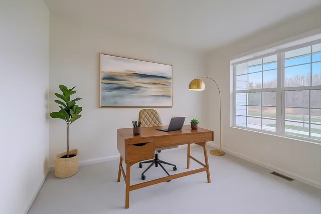 a workspace with furniture and a potted plant
