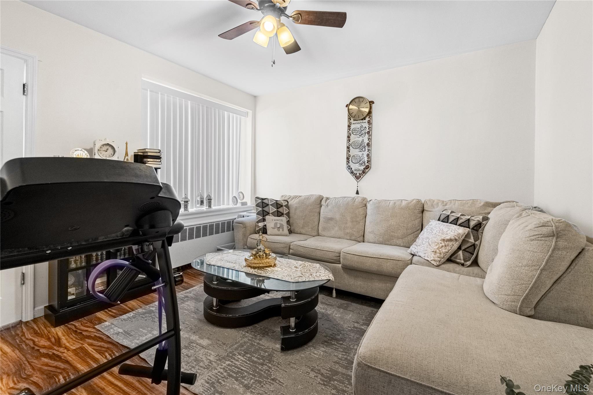 203-10 Murdock Avenue Queens, NY 11412 - Photo 10 of 18 Living room with radiator, dark wood-style flooring, and ceiling fan