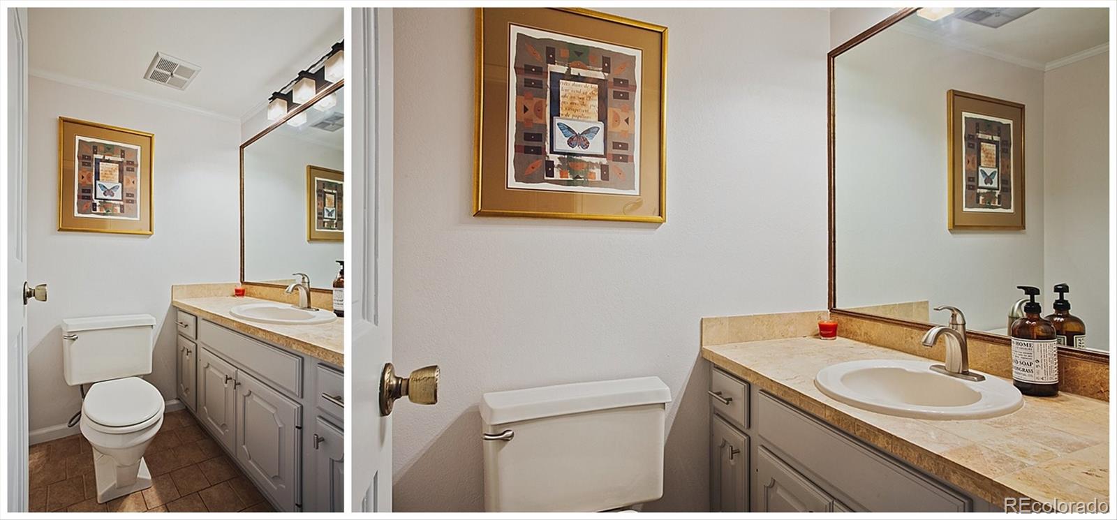 4 Mule Deer Trail Littleton, CO 80127 - Photo 28 of 40 a bathroom with a granite countertop sink mirror vanity and toilet