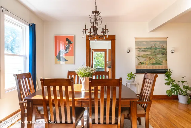 a view of a dining room with furniture window and wooden floor