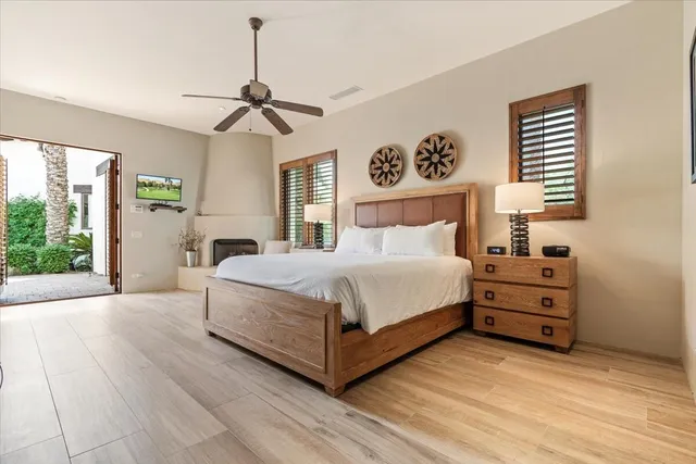 a garden view with a seating space