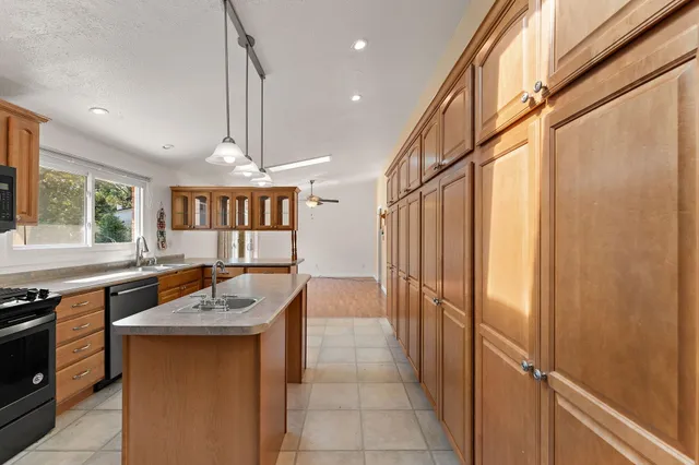 a kitchen with a counter top space appliances and cabinets