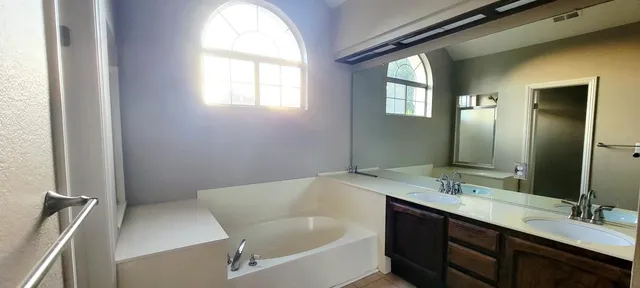 a bathroom with a tub sink and mirror