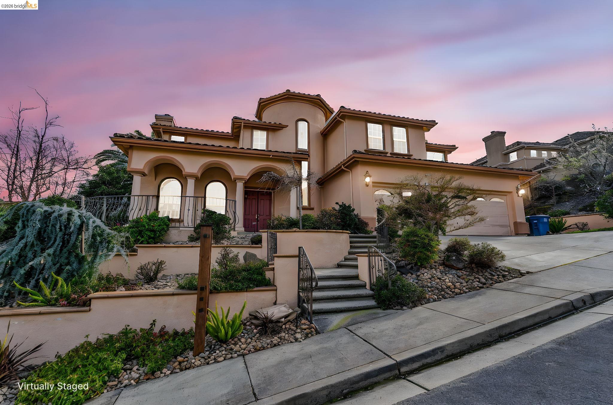 5 Circle E Ranch Place San Ramon, CA 94583 - Photo 4 of 60 Mediterranean / spanish-style house with concrete driveway, stucco siding, a chimney, and covered porch