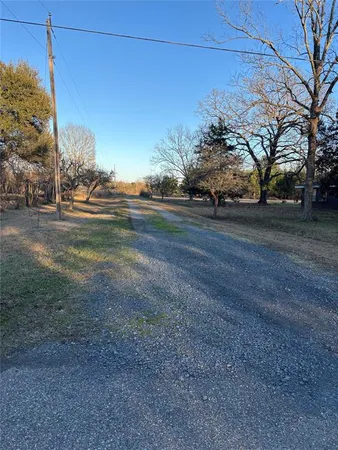 a view of dirt field with trees