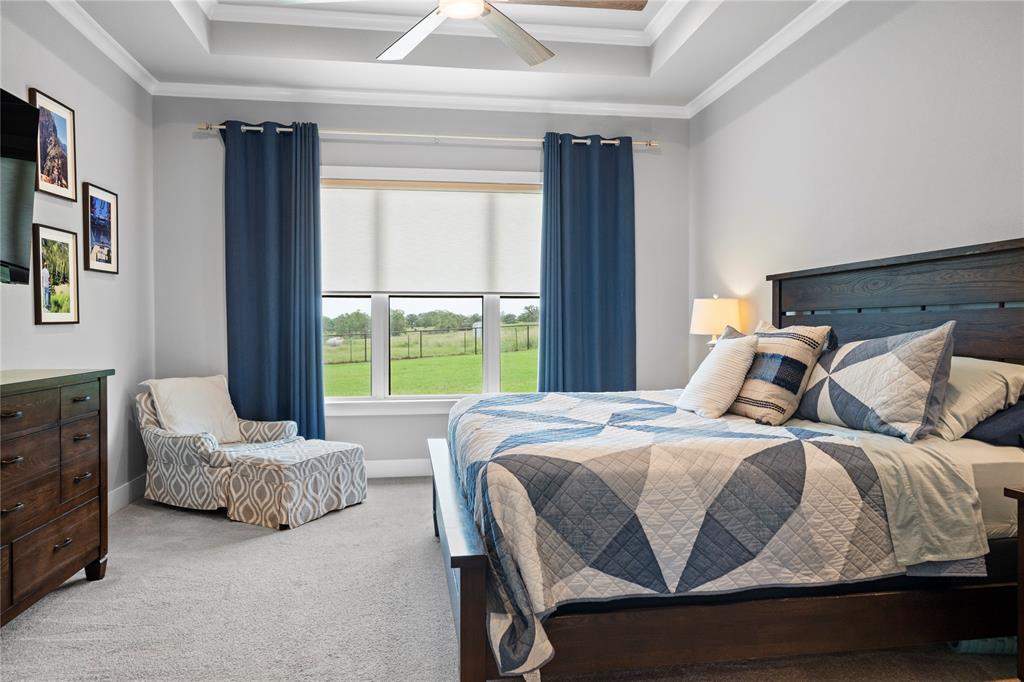 1024 Henry Way Springtown, TX 76082 - Photo 14 of 29 Bedroom featuring a tray ceiling with a flush-mount ceiling fan, neutral wall paint, and plush carpet flooring