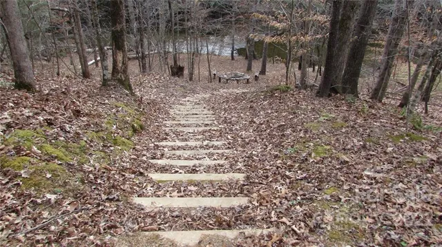 a view of a backyard with table and chairs fire pit and large trees