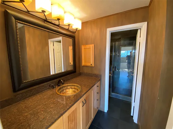 a bathroom with a granite countertop sink and a mirror