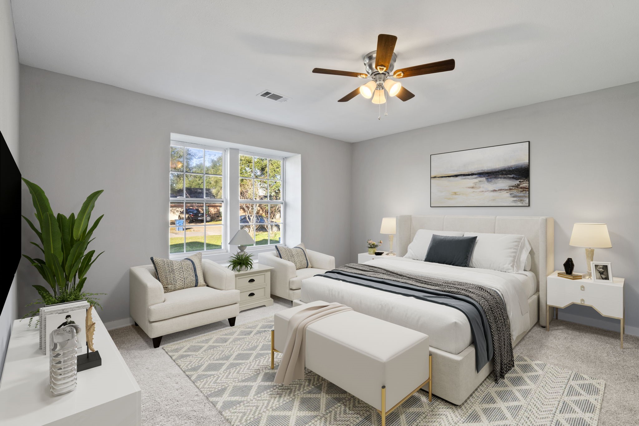 a bedroom with a large bed and a window