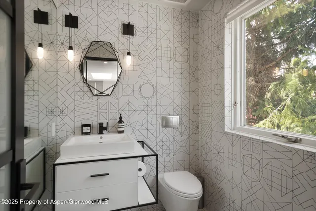 a bathroom with a sink a mirror and a toilet