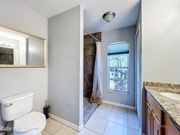 a bathroom with a granite countertop sink a toilet and a mirror