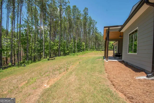 a building outdoor space with seating area