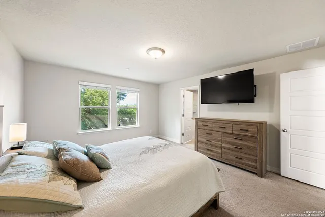 a bedroom with a bed and a television in it