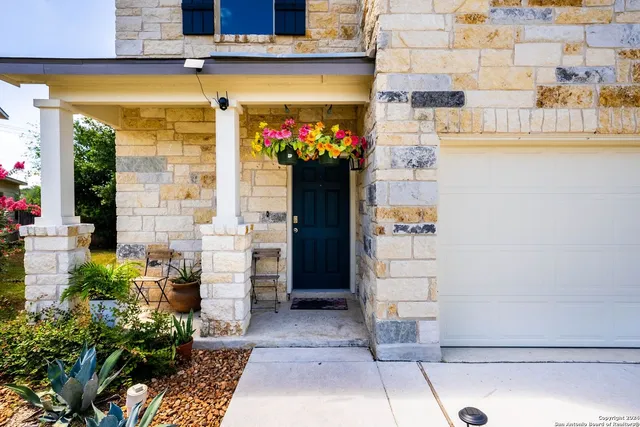 a front view of a building with an outdoor space