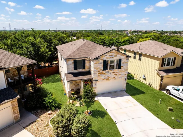 a aerial view of a house with a yard and potted plants