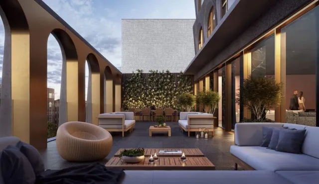 a view of a roof deck with couches and potted plants