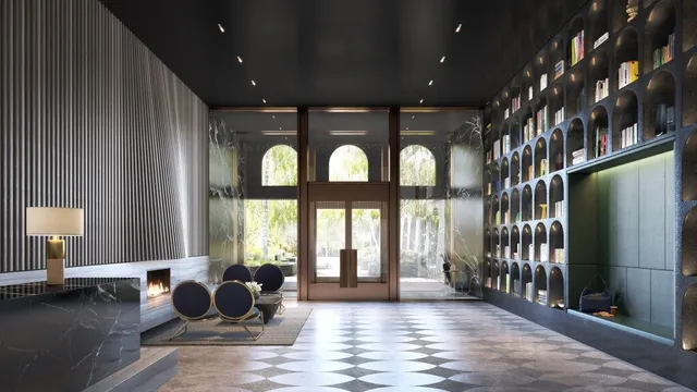 a large room with wooden floor and windows