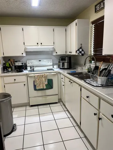 a kitchen with a sink a stove and cabinets