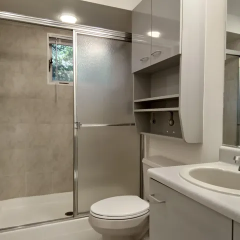 a bathroom with a sink a toilet and shower