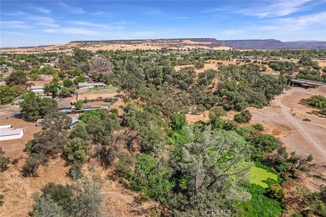 an aerial view of residential houses with outdoor space and trees