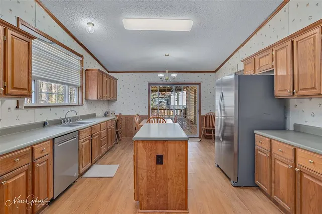 a kitchen with counter top space cabinets and stainless steel appliances