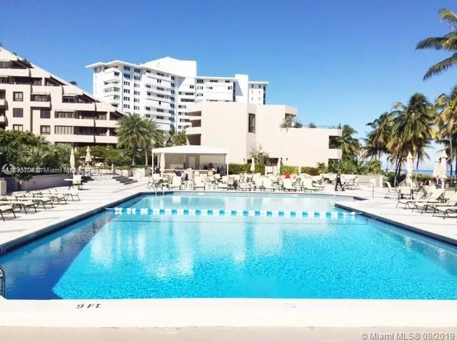 a view of a swimming pool with a lawn chairs and palm tree
