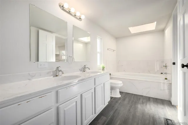 a bathroom with a double vanity sink a toilet and a bathtub