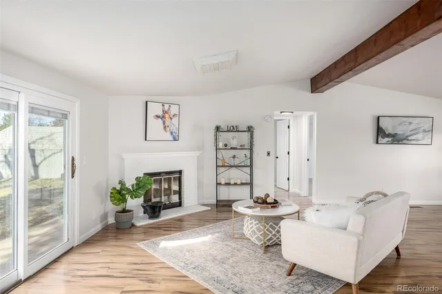 a living room with furniture a fireplace and a potted plant