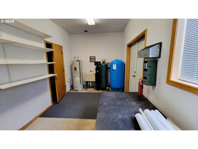 a hallway with a rug