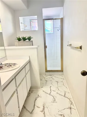 a bathroom with a sink and a shower