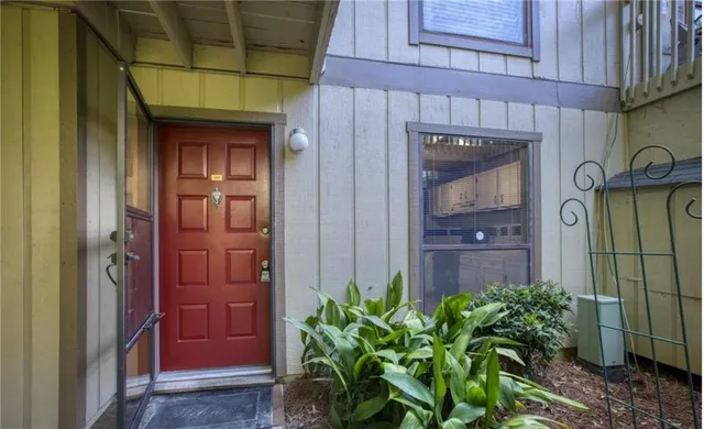 a brick building with a large door