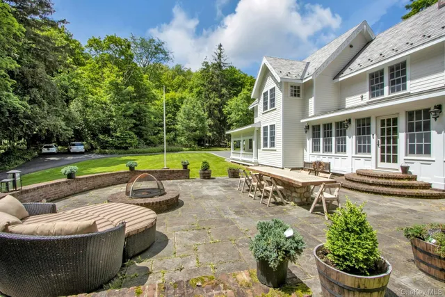 a garden view with a seating space