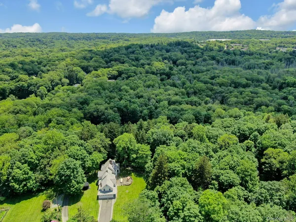 an aerial view of residential houses with outdoor space and trees
