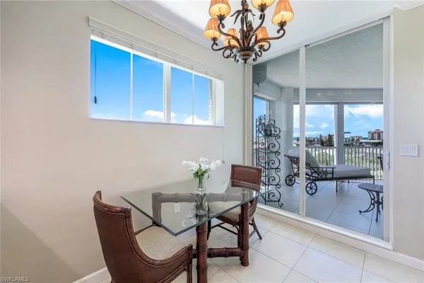 a view of a dining room with furniture wooden floor and chandelier