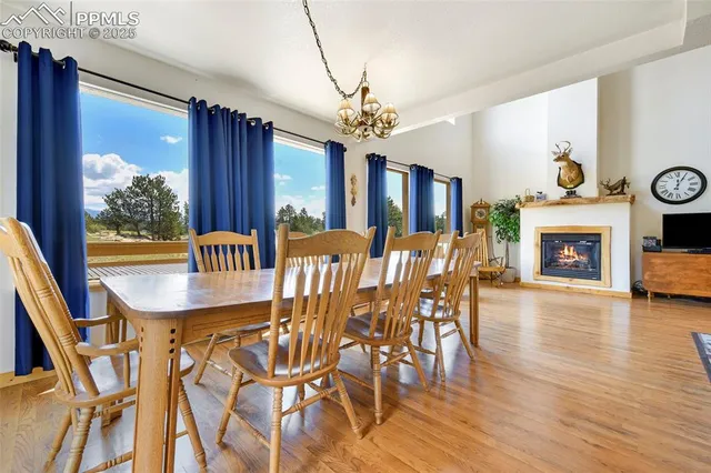 a dining room with furniture a fireplace and wooden floor