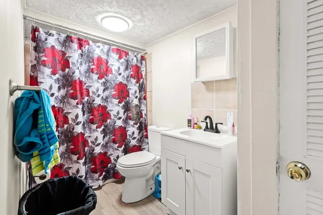 a bathroom with a sink mirror and toilet