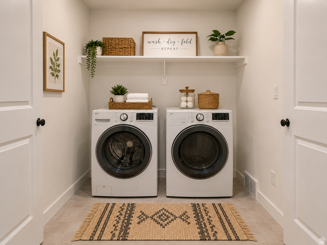 11014 South Lake Run Road, Unit 146 South Jordan, UT 84009 - Photo 15 of 22 Dedicated laundry room featuring light-toned tile flooring, white walls, and a built-in shelf for storage