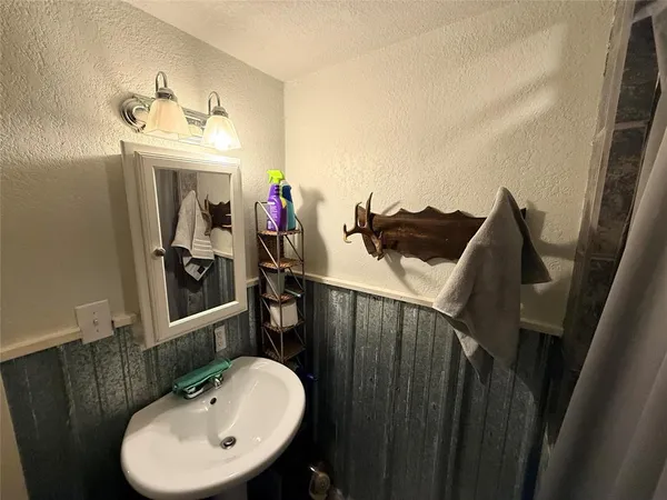 a bathroom with a sink mirror and vanity
