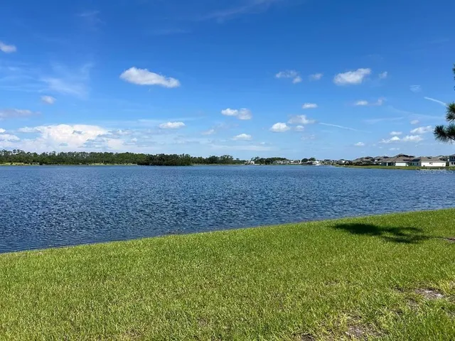 a view of a yard with a lake view