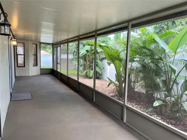 a backyard of a house with plants and a large tree