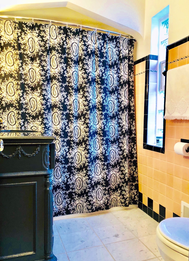 583 Selborne Road Riverside, IL 60546 - Photo 19 of 28 a bathroom with a toilet and a shower curtain