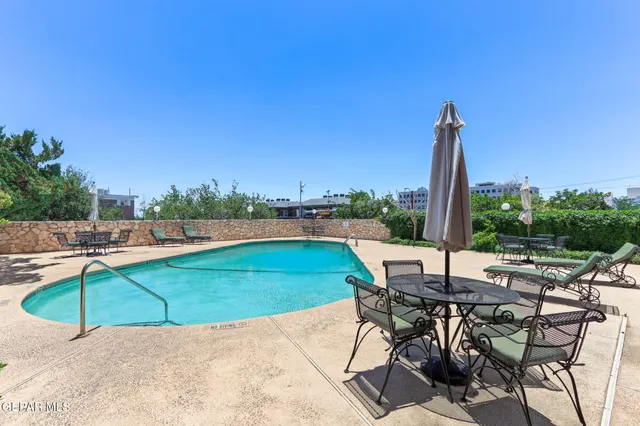 a view of a swimming pool with outdoor seating and a garden
