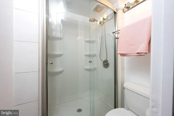 a bathroom with a shower and toilet
