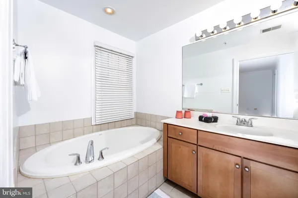a bathroom with a tub sink and mirror