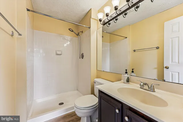 a bathroom with a sink toilet vanity and shower