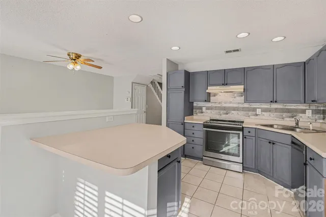 a kitchen with a sink a stove and cabinets