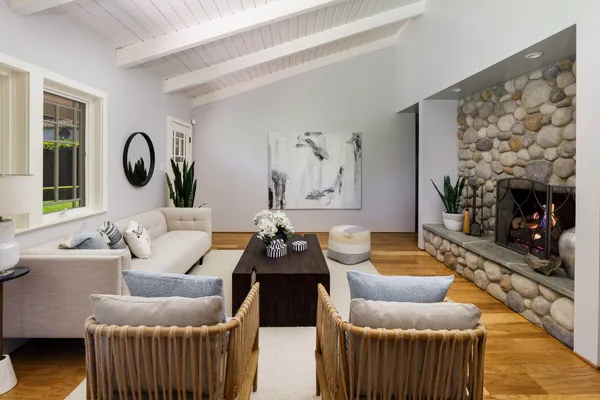 a view of a dining room with furniture